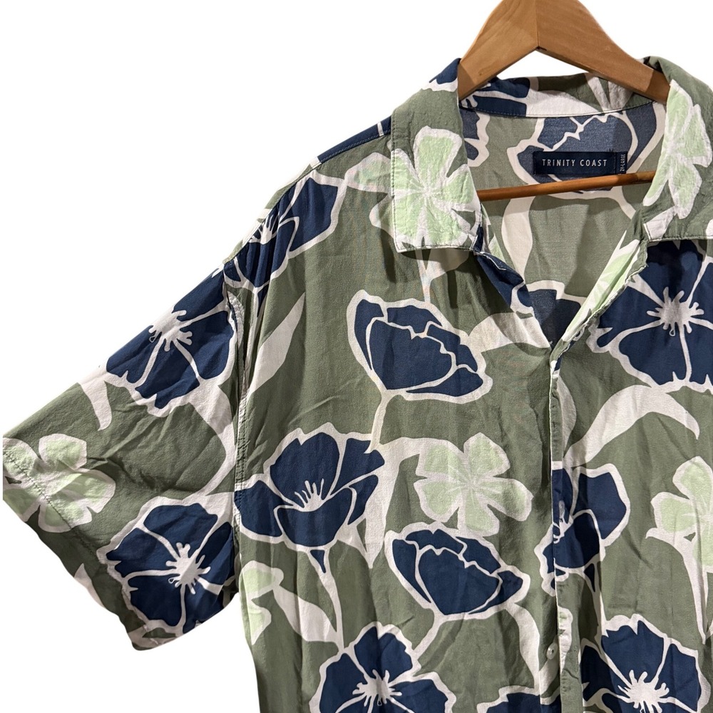 Trinity Coast Mens 2XL Floral Button Down Shirt Green Navy Rayon Short Sleeve